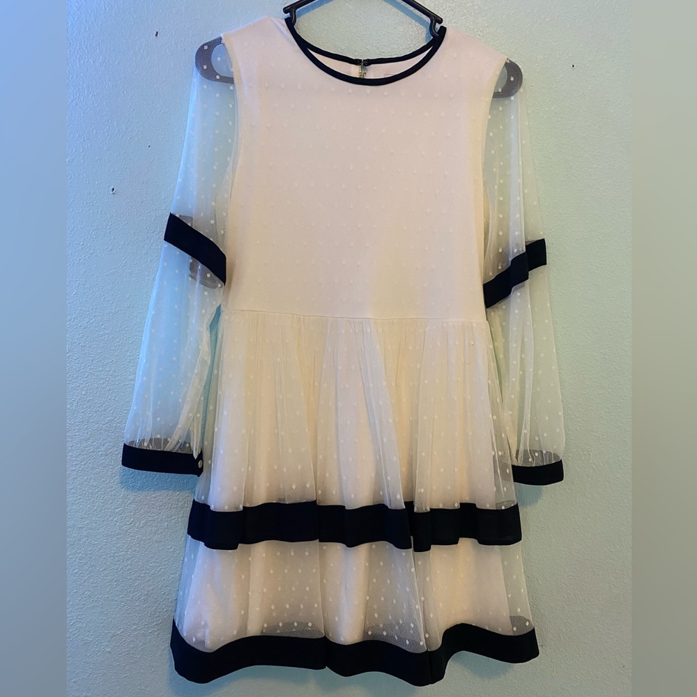 White see through dress with black stripes.